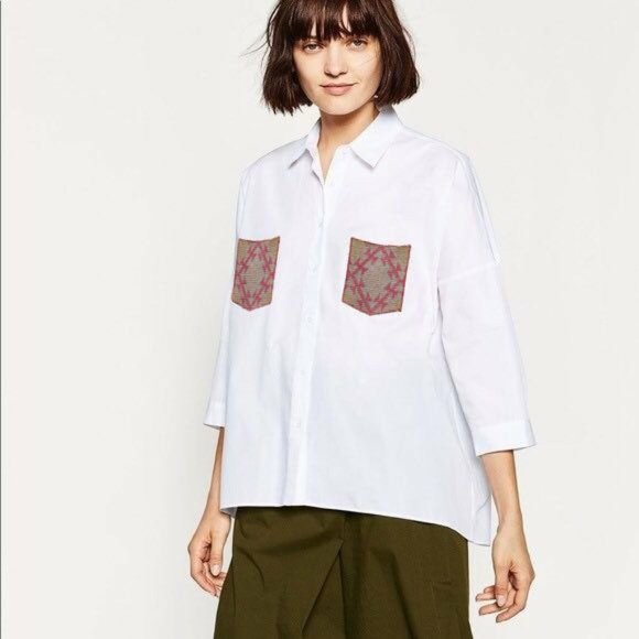 Zara Tops - Size- S/M, ZARA aztec embroidered Oversized cotton shirt in white for women